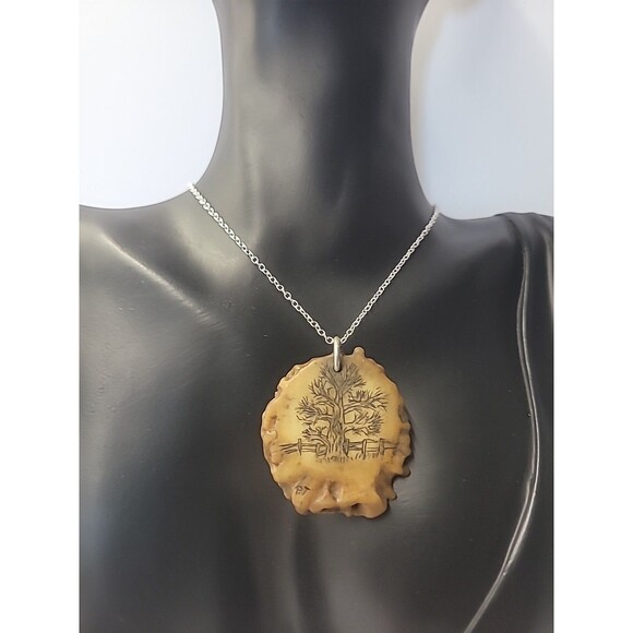 Vintage Tree Pendant Necklace Hand Etched Tree Design on Antler Look Pendant - Picture 3 of 10